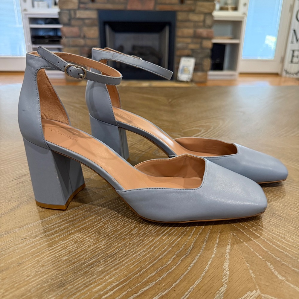 Nordstrom Katrina Leather Ankle Strap Block Heel Pumps Blue 13M NWOB